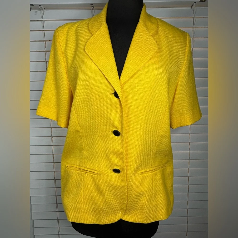 Vintage Blazer Womens Medium Katie Brooke Yellow Shoulder Pads Short Sleeve 90s - Picture 3 of 7